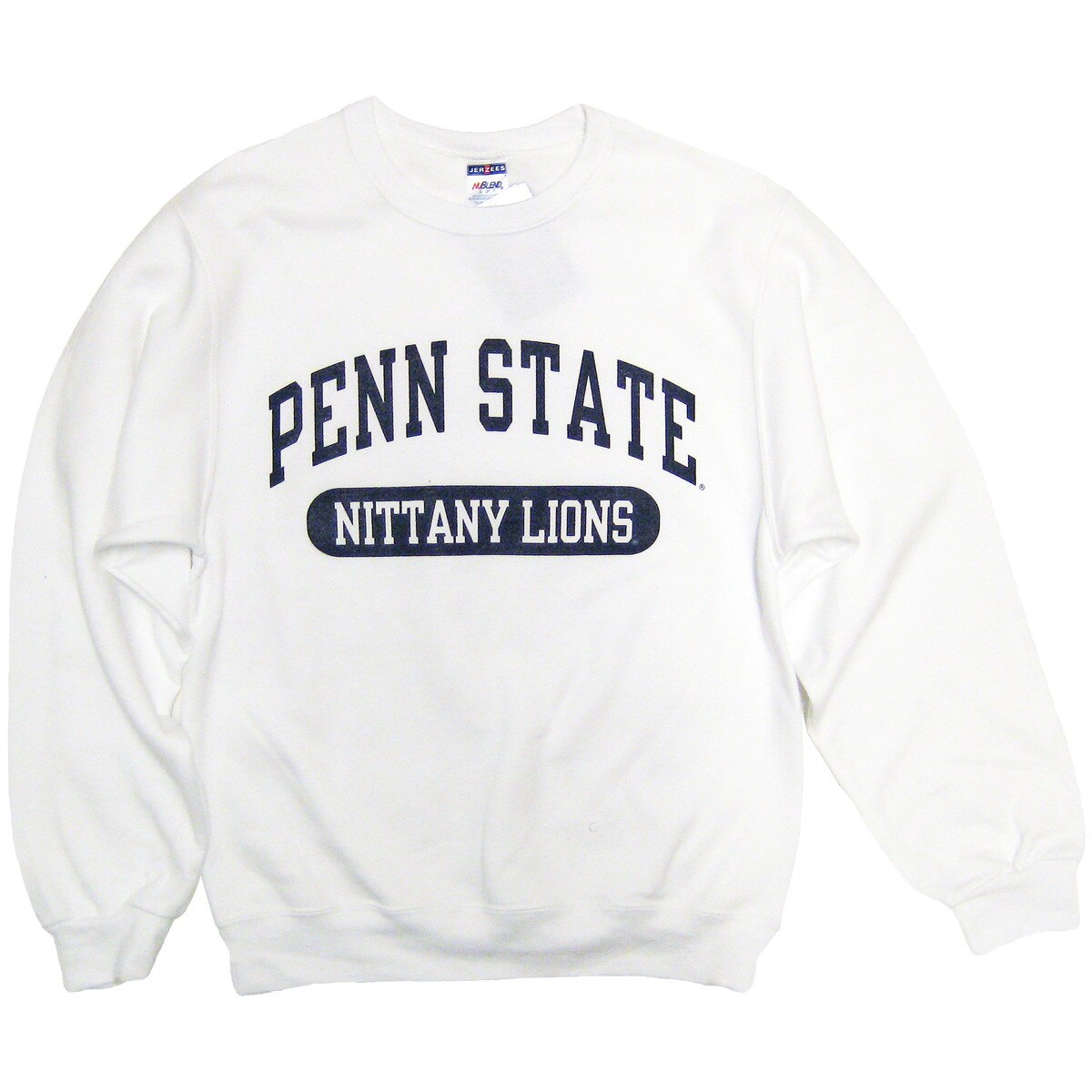 white crew neck sweatshirt with arched Penn State above Nittany Lions